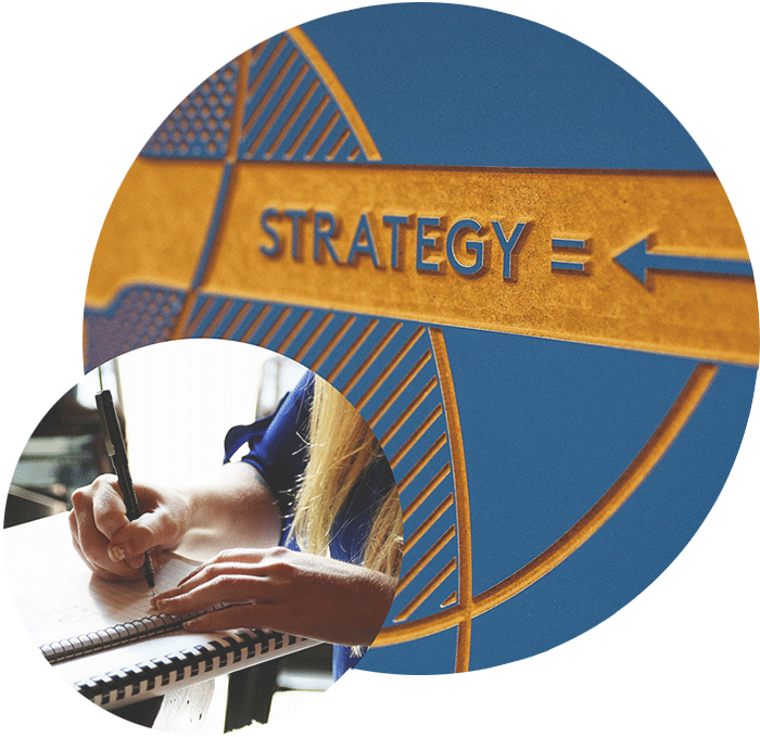 A person writing in a notebook is overlaid on an image featuring the word 'STRATEGY' and an arrow pointing left.