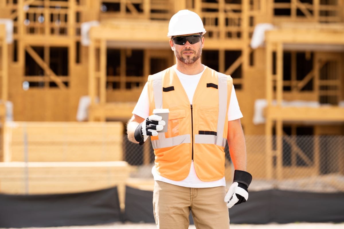 Construction worker wearing a hard hat, safety glasses and gloves