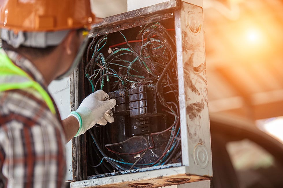 worker at fuse box identifying and mitigating electrical hazard