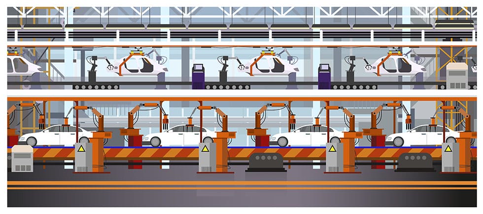 interior of a factory assembling cars on a line