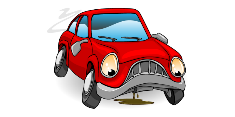 Cartoon drawing of sad broken down car dripping oil