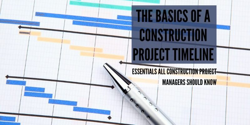 A construction project timeline with various stages highlighted and a pen on top